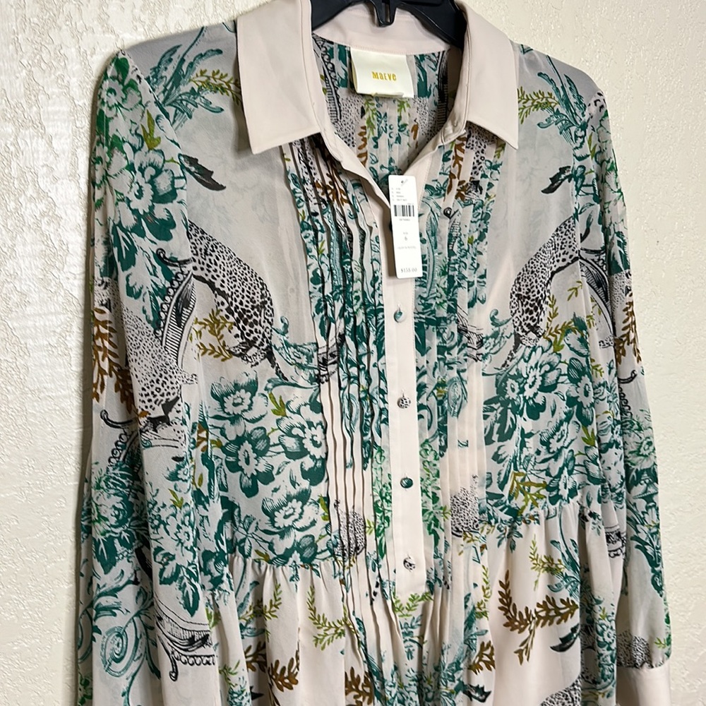 Anthropologie White Dress with Green Botanical & Black Leopard Print - Picture 7 of 9